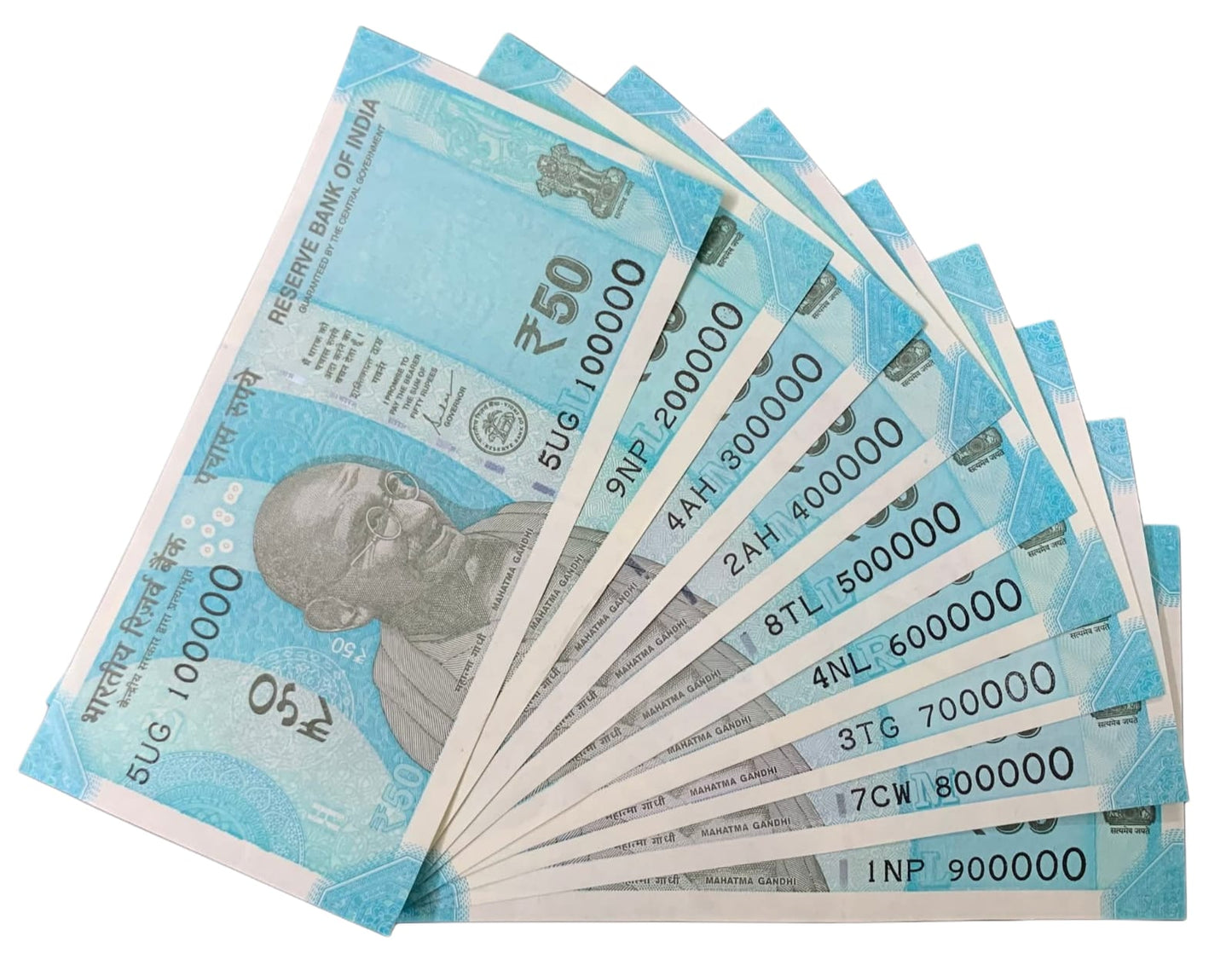 Rs 50 Fancy Number Note 10 note Set – Rare 7-Digit Series (100000 to 900000 | 1111111 to 1000000 | 1 Million Serial Collection | RBI Original UNC Notes)
