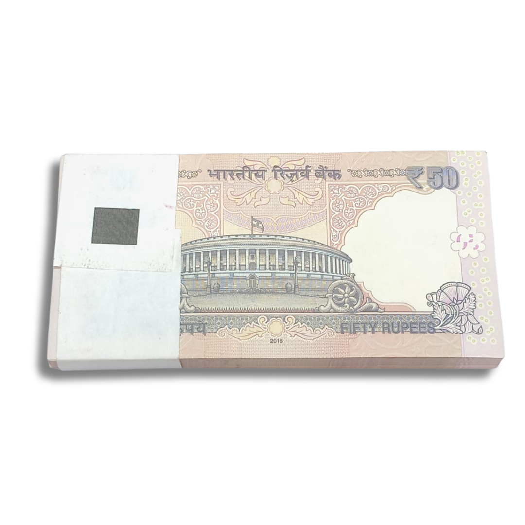 Rare Rs 50 old Indian currency note packet with serial number 652201, 100 notes bundle for collectors