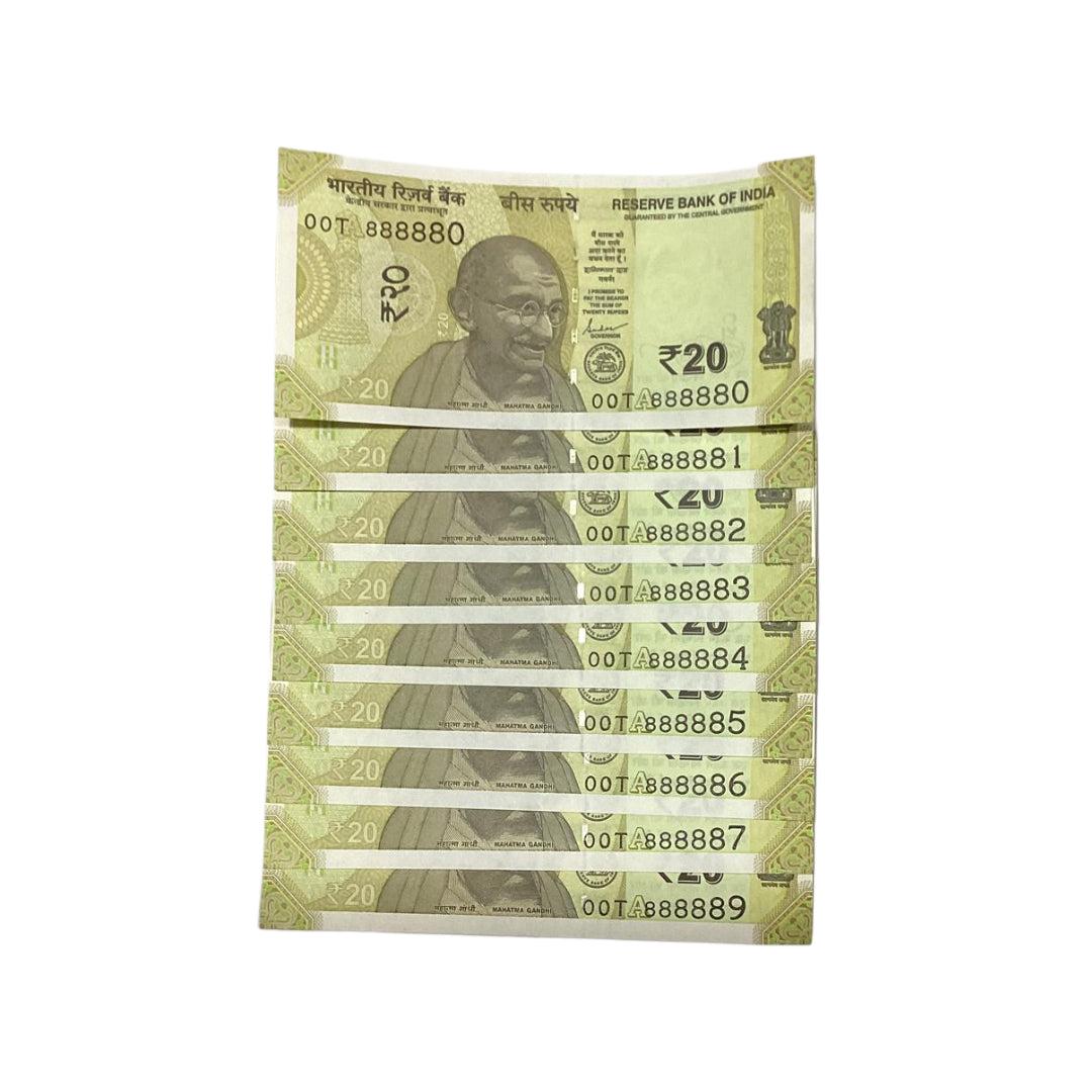 Rs 20 Note Set of 9 Prefix 0OT | 888888(Not Included) | Rare Collectible Item