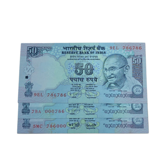 Rs 50 note old parliament denomination extrmly rare 000786 786000 786786 gem unc condition rare 3 note combo