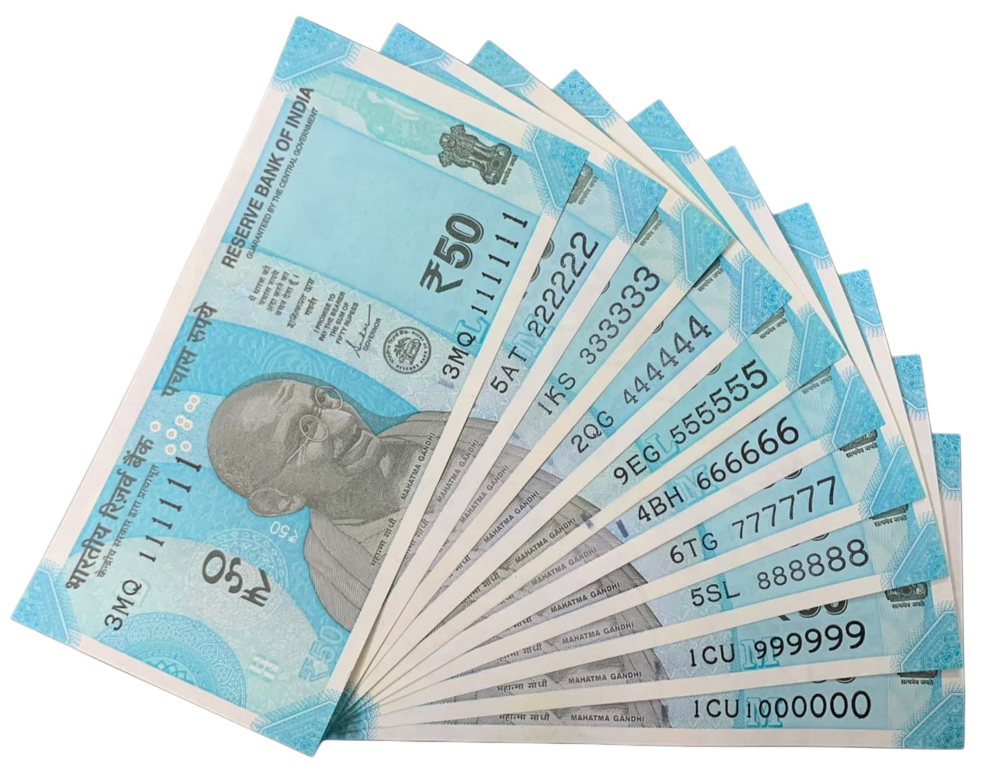 Rs 50 Fancy Number Note 10 note  Set – Rare 7-Digit Series (100000 to 900000 | 1111111 to 1000000 | 1 Million Serial Collection | RBI Original UNC Notes)