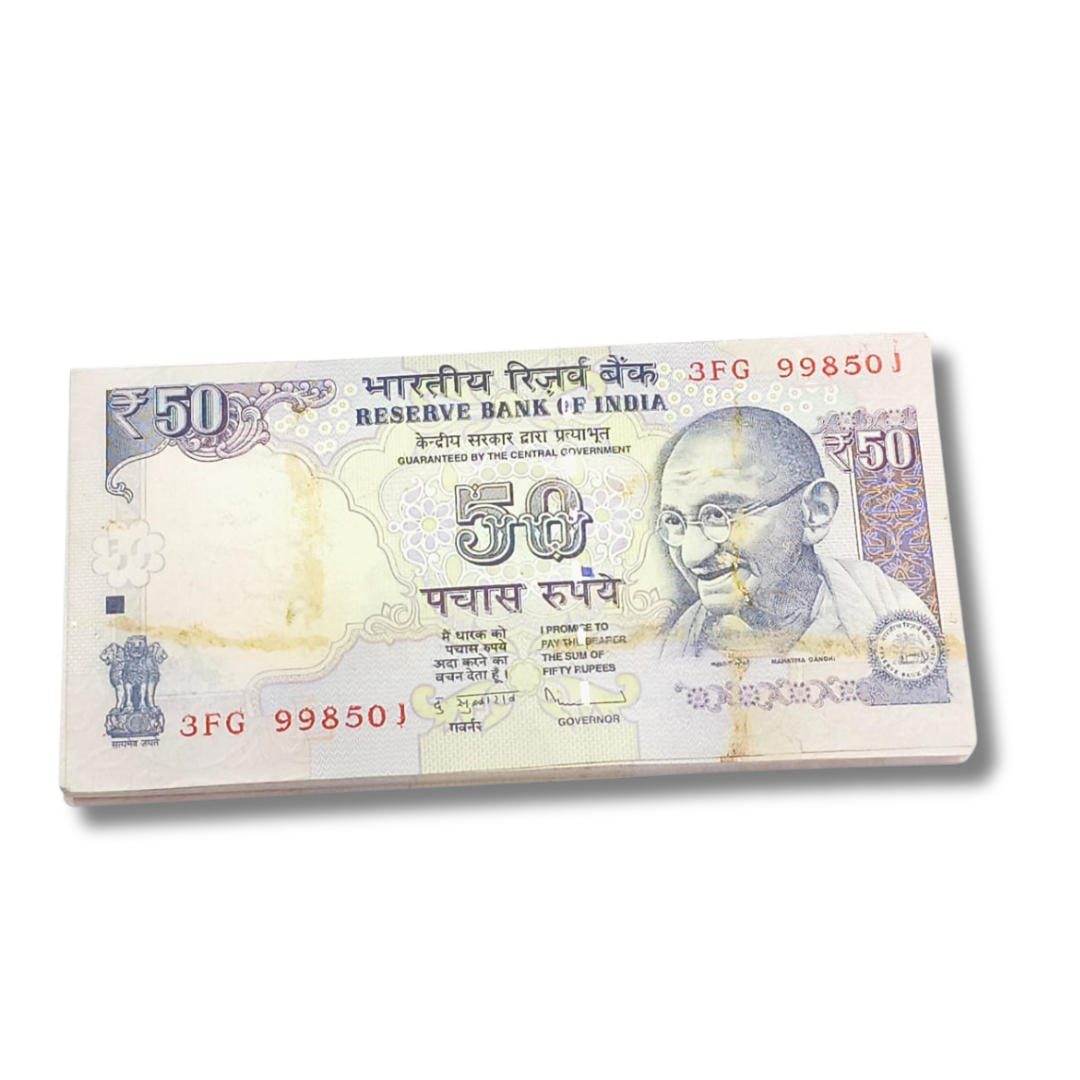 Rare Rs 50 note packet serial number 998501, D. Subbarao signed, UNC 100 notes bundle for collectors