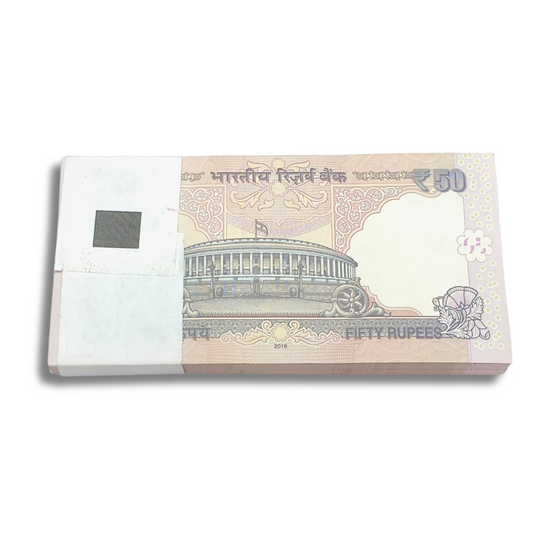 Rare Rs 50 old Indian currency note packet with serial number 652201, 100 notes bundle for collectors
