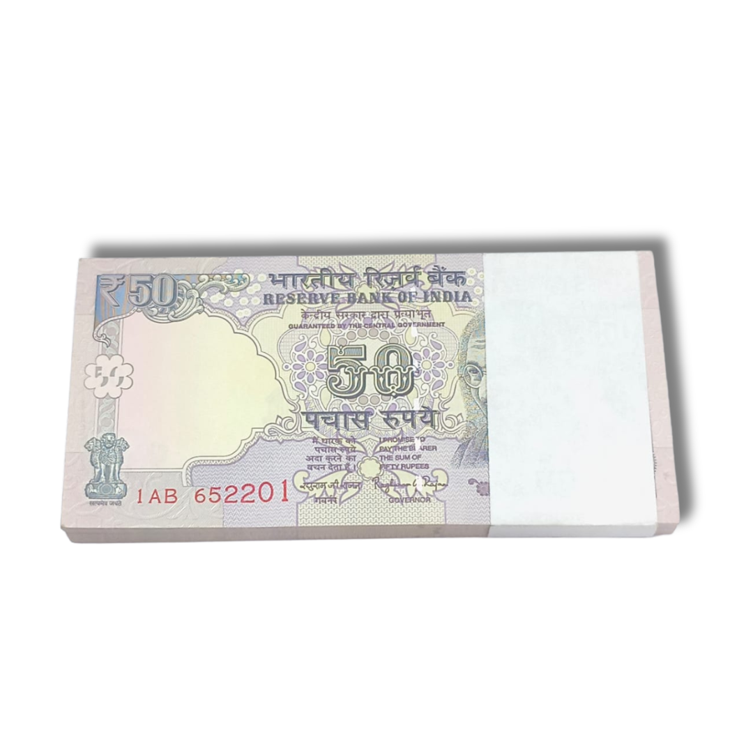 Rare Rs 50 old Indian currency note packet with serial number 652201, 100 notes bundle for collectors