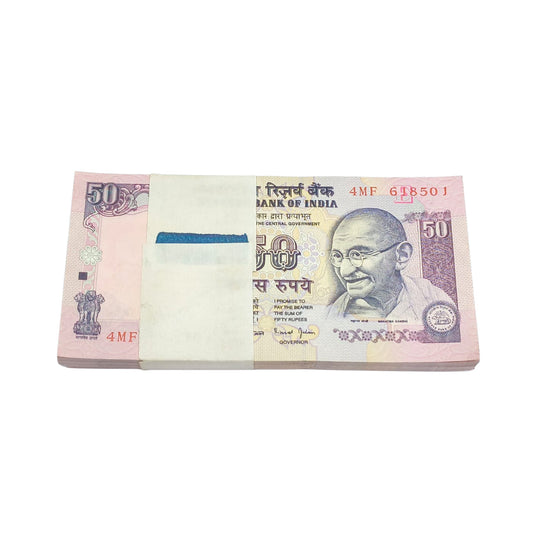 Rare ?50 note packet with serial number 618501, RBI issue 100 UNC notes full bundle