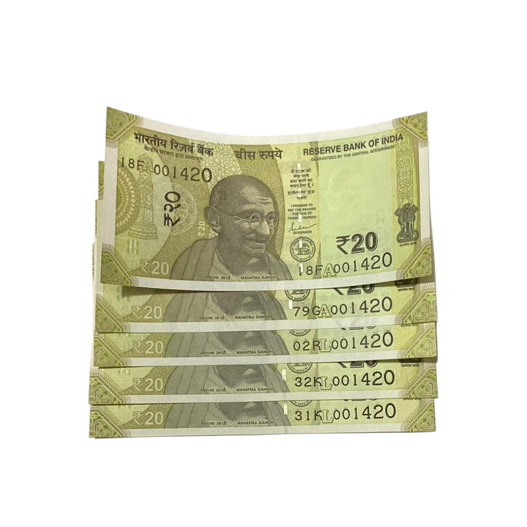 Rs 20 Note Set of 5 Serial 001420 | Rare Collectible
