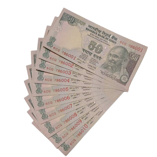 Rs 50 old bismilla no set 786001-10 Urjit Patel sign Prefix 6CQ