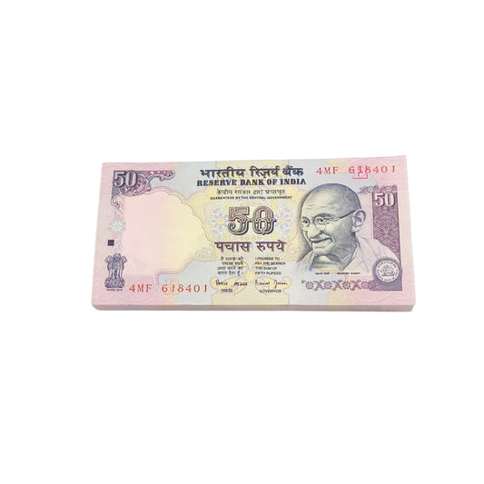 Rare ?50 note packet with serial number 618401, RBI issue 100 UNC notes full bundle