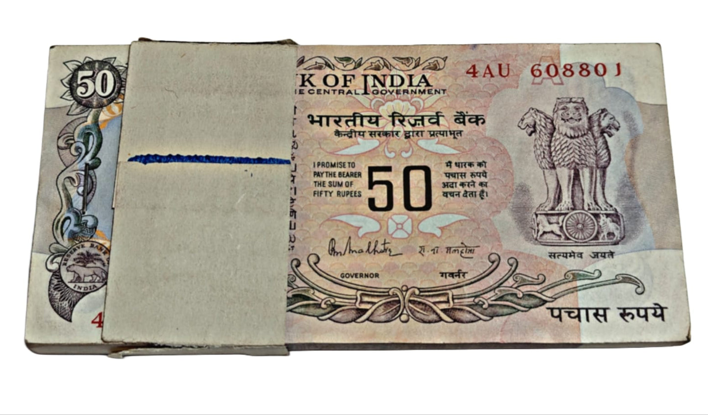 Rare ?50 old note packet with serial number 608801 signed by R.N. Malhotra, RBI old issue 100 UNC notes full bundle