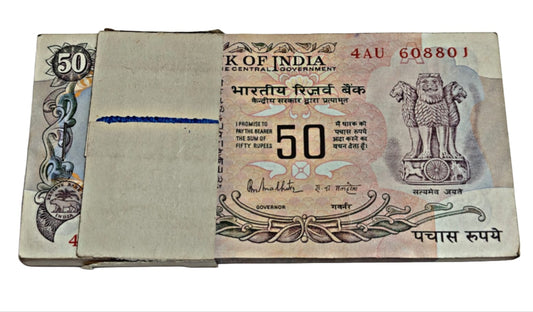 Rare ?50 old note packet with serial number 608801 signed by R.N. Malhotra, RBI old issue 100 UNC notes full bundle