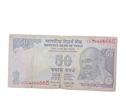Rs 50 old star note 5 time 666665  rare governor urgit patel as image