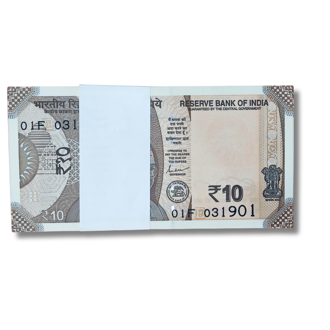 Super birthday Rs 10 note packet with serial 01.03.1901, full bundle of 100 GEM UNC notes featuring Gandhi portrait and Konark Sun Temple design.